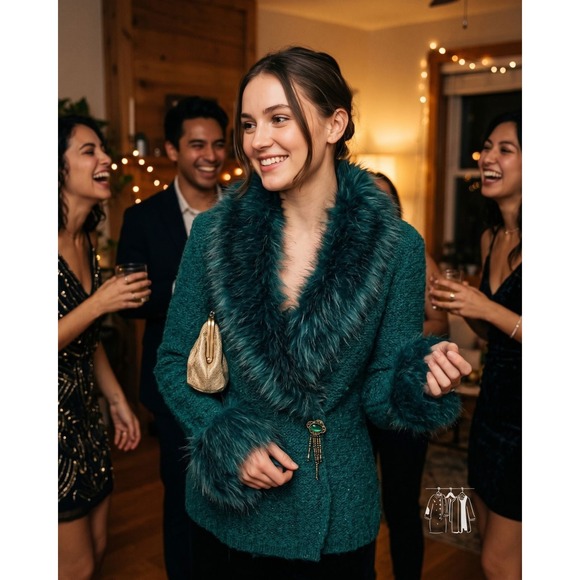 Carly St Claire Jackets & Blazers - Vintage Teal Faux Fur Collar Jacket Turquoise Stone Tassel Sz S Carly St Claire